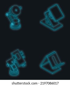 Mobile phone holder icons set. Isometric set of mobile phone holder vector icons neon color on black