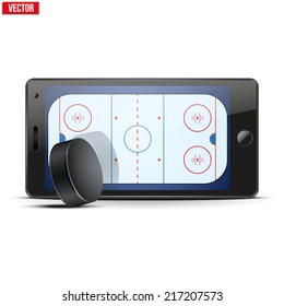 Mobile phone with ice hockey puck and field on the screen. Sports theme and applications. Vector illustration Isolated on white background.