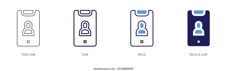 Ícone do celular em 4 estilos diferentes. Linha fina, Linha, Negrito e Linha Negrito. Estilo duotônico. Traçado editável.