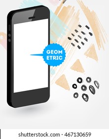 Mobile phone icon with abstract watercolor hipster background design. All aquarelle elements are monochrome and easy to recolor.