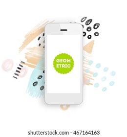 Mobile phone icon with abstract watercolor hipster background design. All aquarelle elements are monochrome and easy to recolor.