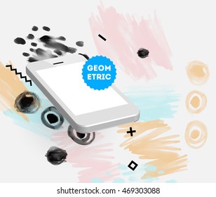 Mobile phone icon with abstract watercolor hipster background design. All aquarelle elements are monochrome and easy to recolor.