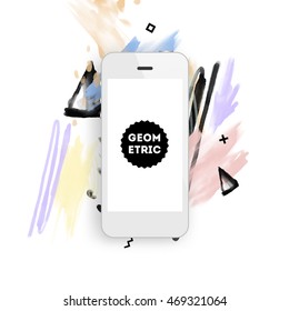 Mobile phone icon with abstract watercolor hipster background design. All aquarelle elements are monochrome and easy to recolor.