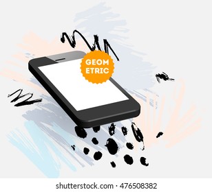 Mobile phone icon with abstract watercolor hipster background design. All aquarelle elements are monochrome and easy to recolor.