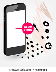 Mobile phone icon with abstract watercolor hipster background design. All aquarelle elements are monochrome and easy to recolor.