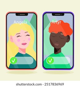 Mobile phone icon. African American boy and white girl on call screen. Vector illustration.