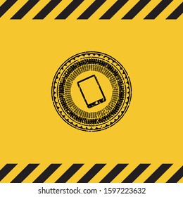 mobile phone icon black grunge emblem inside yellow warning sign. Vector Illustration. Detailed.