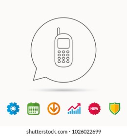 Mobile phone icon. Cellphone with antenna sign. Calendar, Graph chart and Cogwheel signs. Download and Shield web icons. Vector