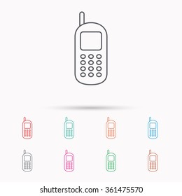 Mobile phone icon. Cellphone with antenna sign. Linear icons on white background.