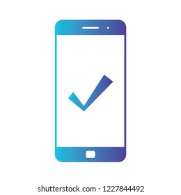 Mobile phone icon with check, approve, done or confirm sign. Vector icon. Isolated gradient blue icon on white background