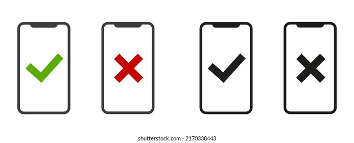 Mobile phone icon with check mark and cross. Isolated on a white background. Vector illustration eps10