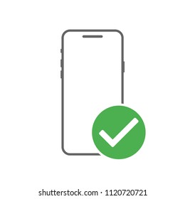 A mobile phone icon with a check. Smartphone icon with a signed approval
