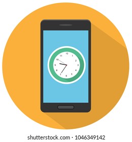Mobile phone icon with clock icon on screen isolated on orange circle with long shadow
