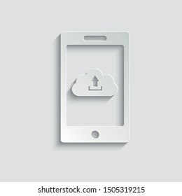 Mobile phone icon. Mobile phone with download icon. Cloud upload vector icon  paper icon  with shadow 