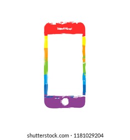 mobile phone icon. Drawing sign with LGBT style, seven colors of rainbow (red, orange, yellow, green, blue, indigo, violet