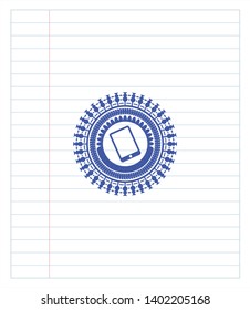 mobile phone icon emblem with pen effect. Blue ink. Vector Illustration. Detailed.