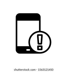 Mobile phone icon with exclamation mark vector icon in black flat design on white background, Mobile phone icon and alert, error, alarm, danger symbol