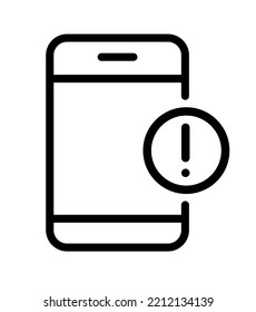 Mobile phone icon with exclamation mark vector sign in line art style on white background. Smartphone logo and alert, error, alarm, danger symbol.