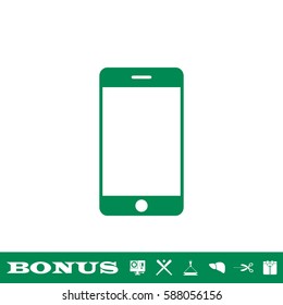 Mobile Phone icon flat. Green pictogram on white background. Vector illustration symbol and bonus button