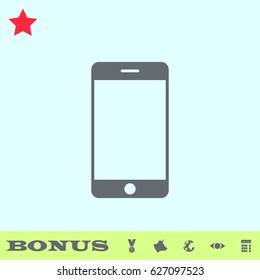 Mobile Phone icon flat. Grey pictogram on blue background. Vector illustration symbol and bonus buttons medal, cow, earth, eye, calculator