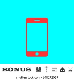 Mobile Phone icon flat. Red pictogram on blue background. Vector illustration symbol and bonus buttons Music center, corkscrew, credit card, house, drum