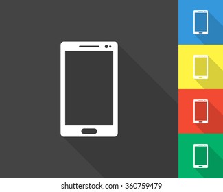 mobile phone icon - gray and colored (blue, yellow, red, green) vector illustration with long shadow