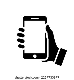 Mobile Phone Icon. Hand holding smartphone. Smartphone with white screen vector.