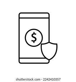 Mobile phone icon illustration with dollar and shield. Insurance symbol. Line icon style. suitable for apps, websites, mobile apps. icon related to finance. Simple vector design editable