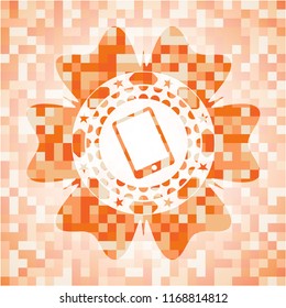 mobile phone icon inside abstract emblem, orange mosaic background