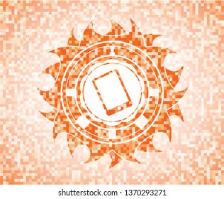 mobile phone icon inside abstract orange mosaic emblem with background