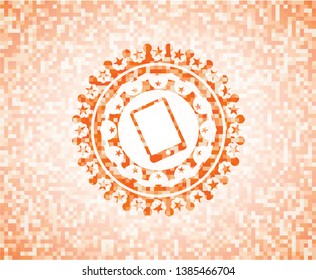 mobile phone icon inside abstract orange mosaic emblem with background