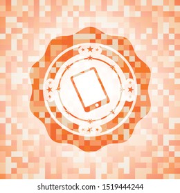 mobile phone icon inside abstract orange mosaic emblem