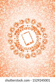 mobile phone icon inside abstract orange mosaic emblem with background