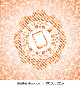 mobile phone icon inside abstract orange mosaic emblem with background. 