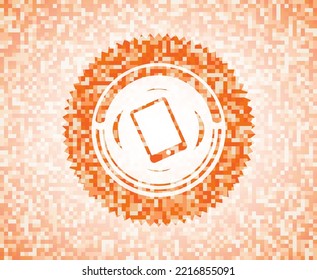 mobile phone icon inside abstract orange mosaic emblem with background. 