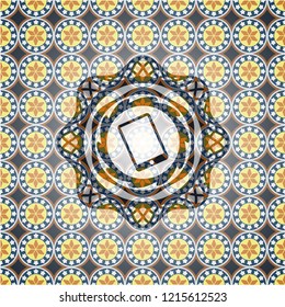 mobile phone icon inside arabesque badge background. arabic decoration.