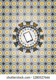 mobile phone icon inside arabesque badge background. arabic decoration.