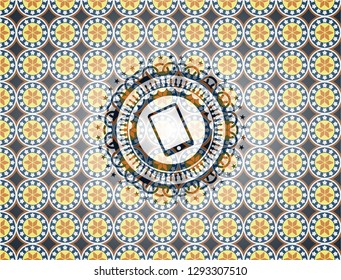 mobile phone icon inside arabesque badge background. arabic decoration.