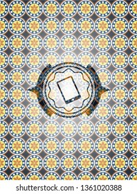 mobile phone icon inside arabesque emblem background. arabic decoration.