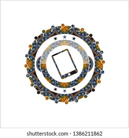 mobile phone icon inside arabesque badge background. arabic decoration.