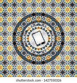 mobile phone icon inside arabesque emblem background. arabic decoration.