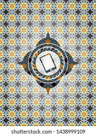 mobile phone icon inside arabesque emblem. arabic decoration.