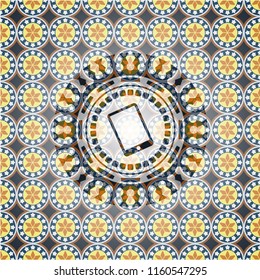 mobile phone icon inside arabic badge. Arabesque decoration.