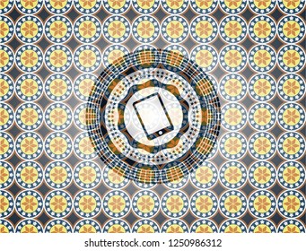 mobile phone icon inside arabic style emblem. Arabesque decoration.