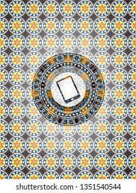 mobile phone icon inside arabic emblem background. Arabesque decoration.