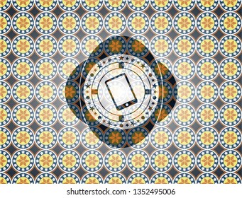 mobile phone icon inside arabic badge. Arabesque decoration.