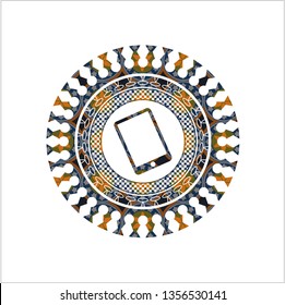 mobile phone icon inside arabic style badge. Arabesque decoration.