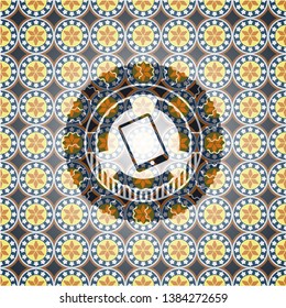 mobile phone icon inside arabic style badge. Arabesque decoration.