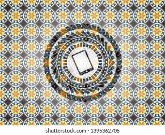 mobile phone icon inside arabic style badge. Arabesque decoration.