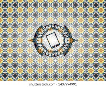 mobile phone icon inside arabic emblem background. Arabesque decoration.